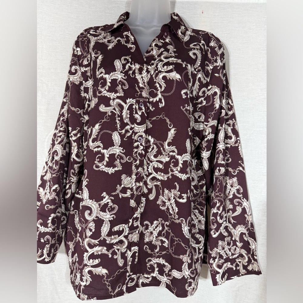 Chico's Women’s Vintage Scrolls pattern Burgundy top Size 2/Large